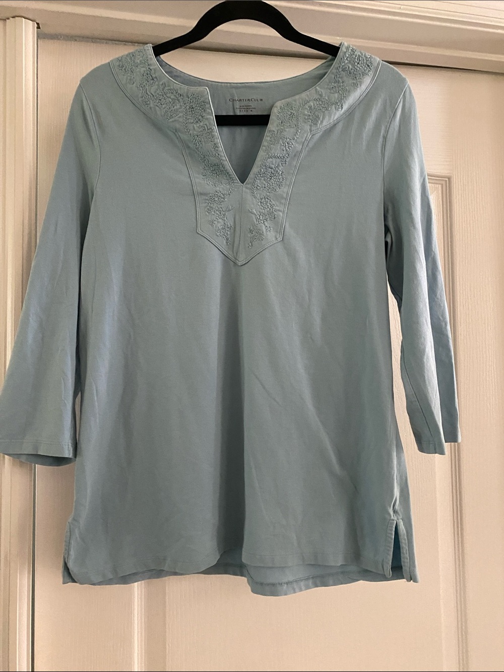 Charter Club Pale Blue Embroidered V-Neck Tunic Top
